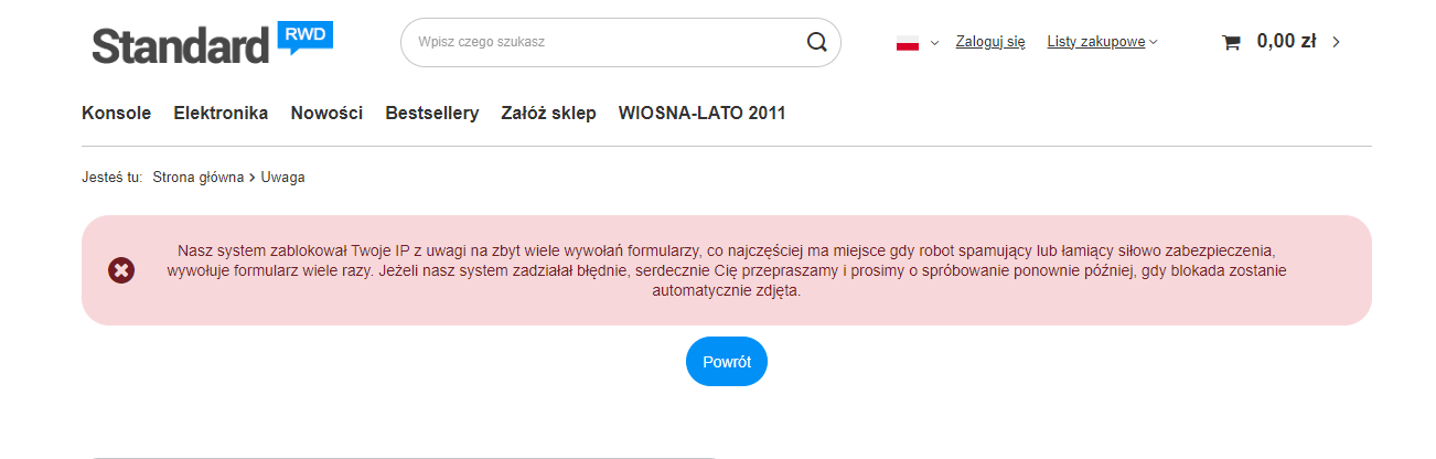 blokada adresu IP widoczna od strony sklepu