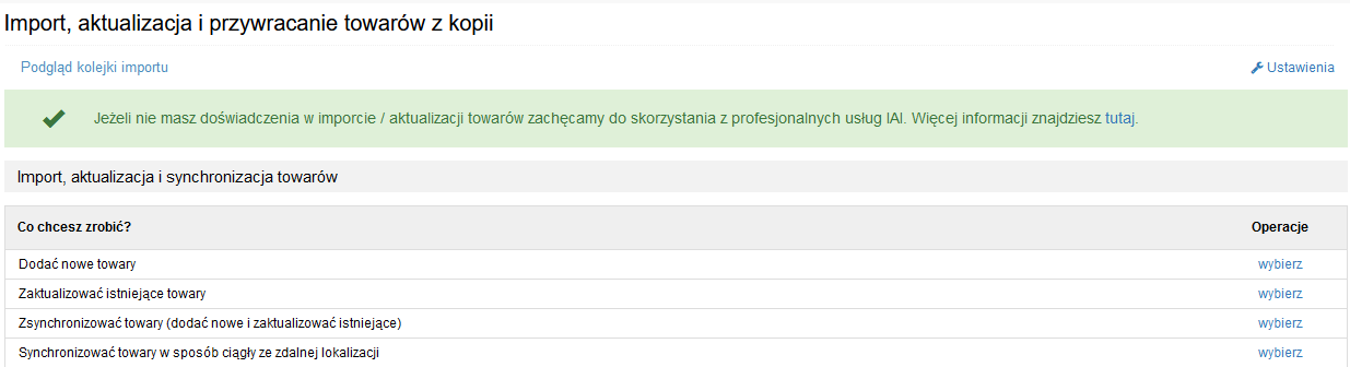 Widok opcji narzędzia webowego do synchronizacji towarów.