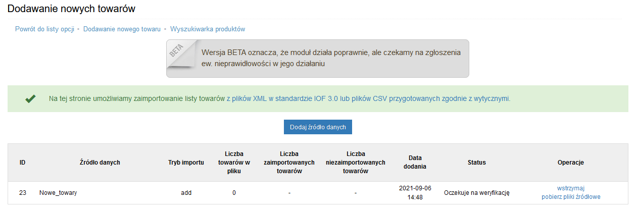 Widok dodawania nowych towarów do importu