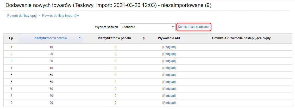Widok konfiguracji webowego narzędzia do importu towarów w IdoSell