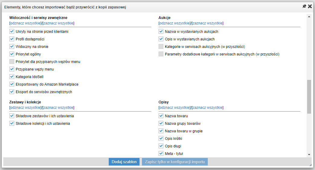 Widok konfiguracji webowego narzędzia do importu towarów w IdoSell