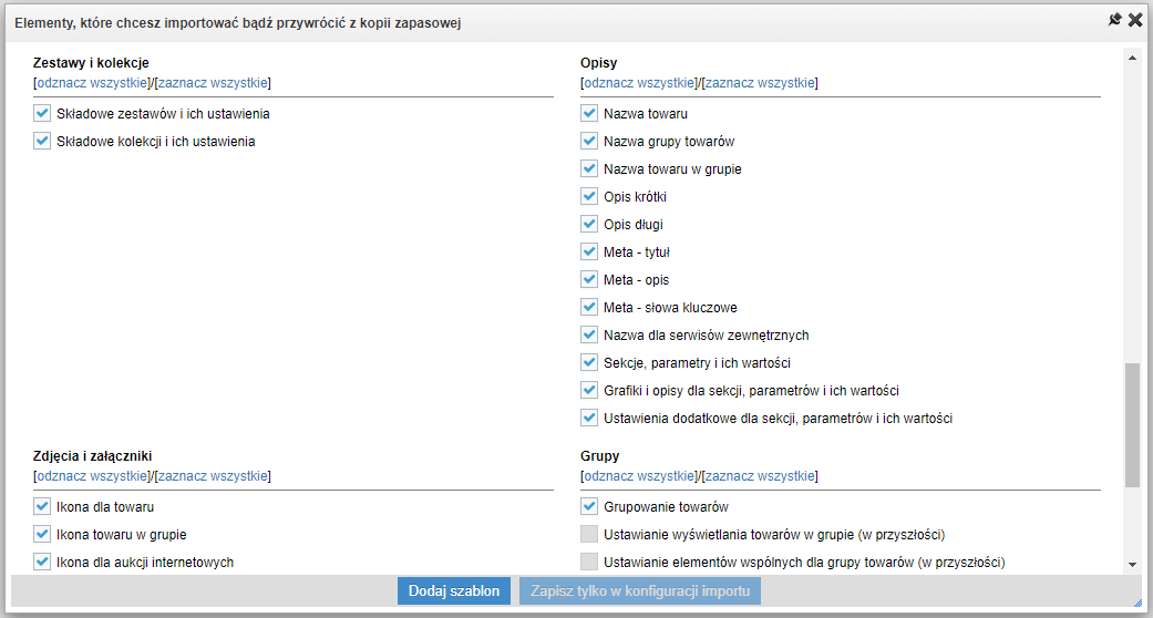 Widok konfiguracji webowego narzędzia do importu towarów w IdoSell