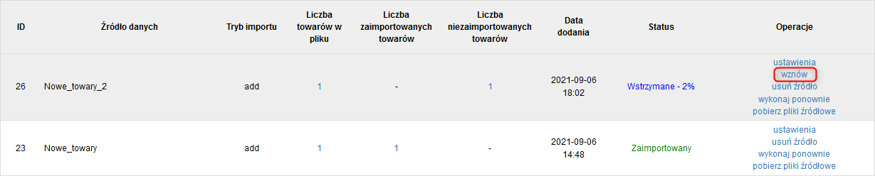 Widok konfiguracji webowego narzędzia do importu towarów w IdoSell