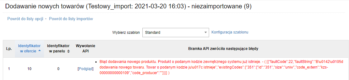 Widok konfiguracji webowego narzędzia do importu towarów w IdoSell