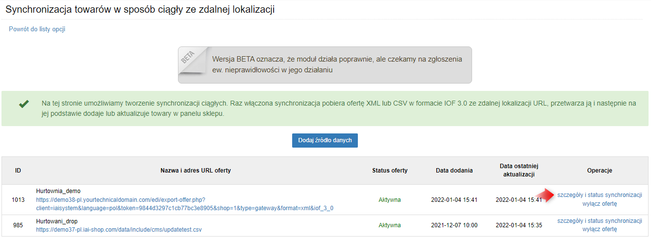 Lista kolejki trybu synchronizacji towarów w sposób ciągły ze zdalnej lokalizacji