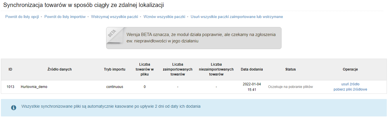 Lista kolejki trybu synchronizacji towarów w sposób ciągły ze zdalnej lokalizacji