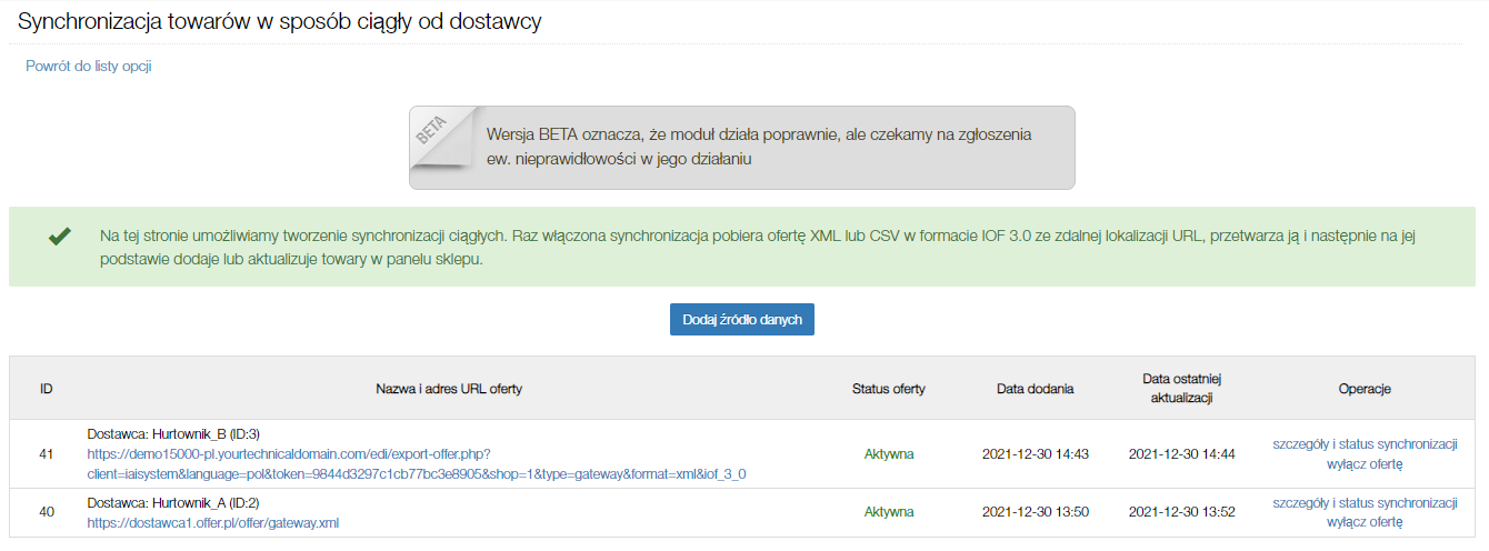 Lista kolejki tryby synchronizacji towarów w sposób ciągły od dostawcy