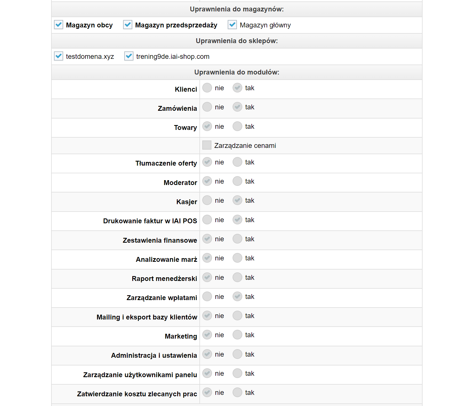 Lista uprawnień do modułów systemu