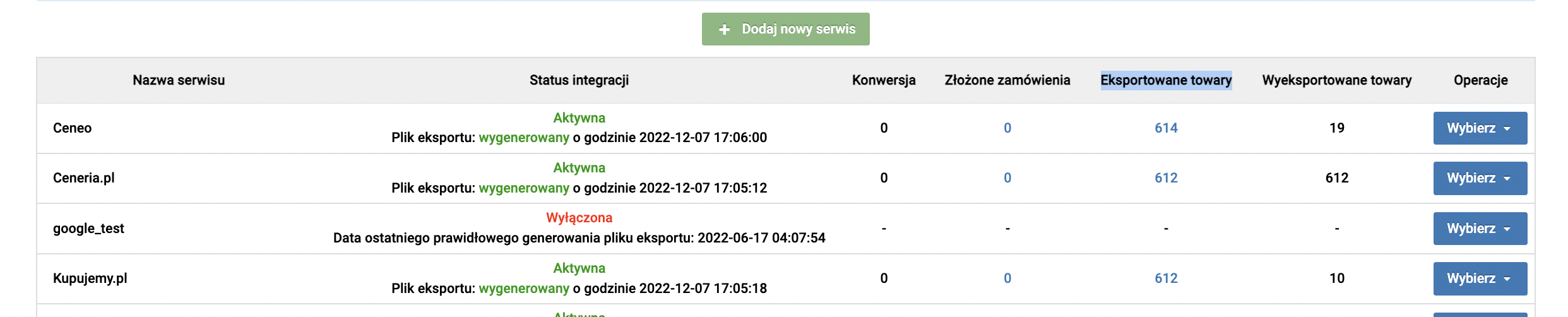 Lista serwisów - eksportowane i wyeksportowane towary