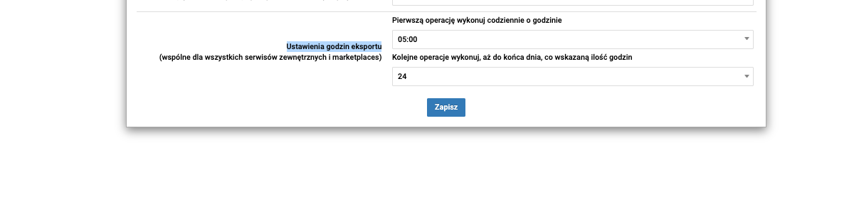 Ustawienia dotyczące godzin eksportu feeda produktowego