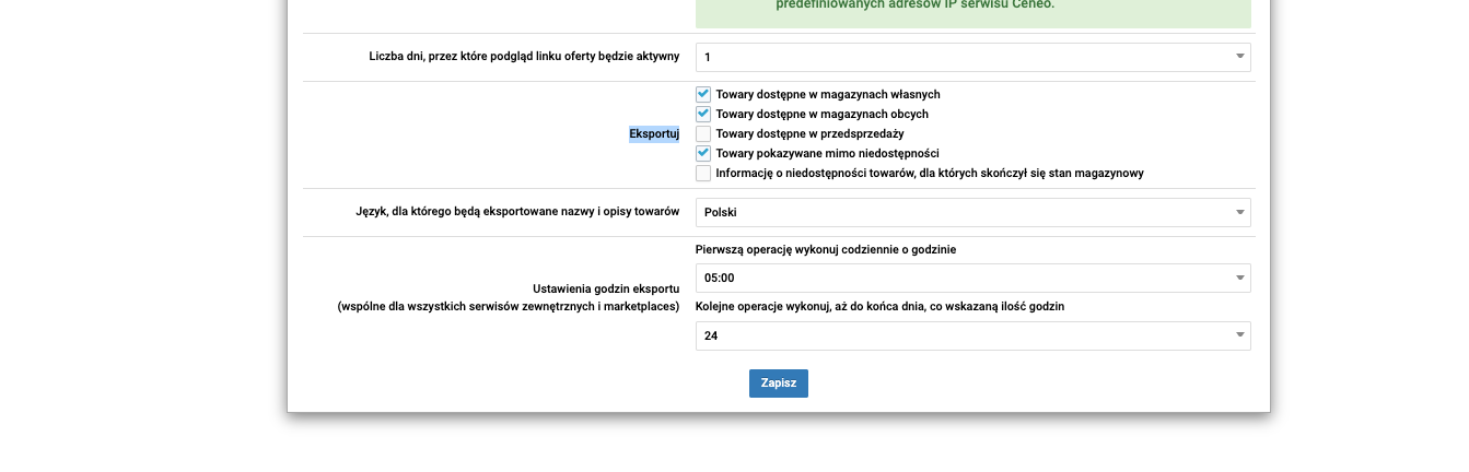 Opcje Eksportuj w ustawieniach plików dla porównywarek