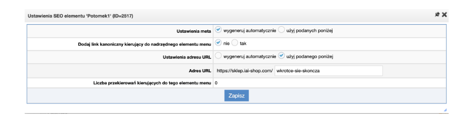 Konfiguracja adresów URL w węźle menu