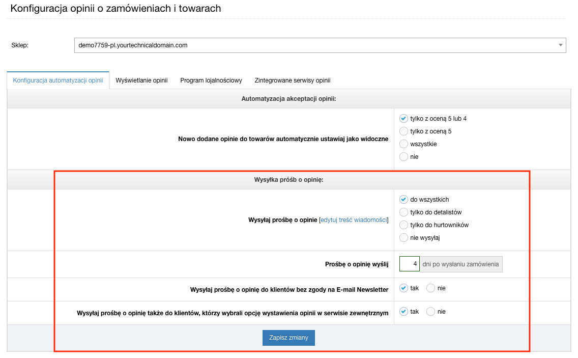Konfiguracja opinii o zamówieniach i towarach