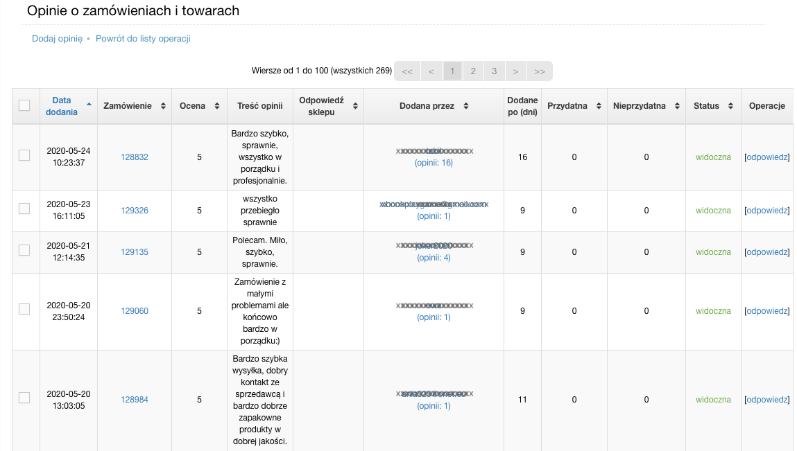 Lista opinii o zamówieniach i towarach