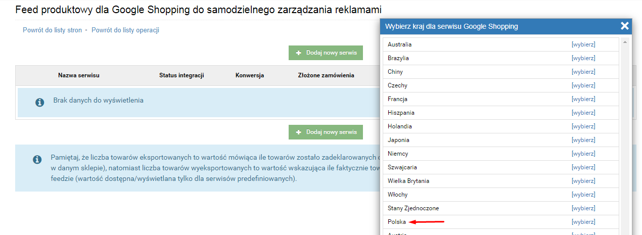 Google Shopping - Wybór kraju przeznaczonego dla oferty