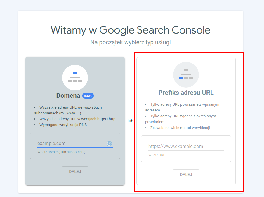 Google Search Console - Wybranie typu usługi