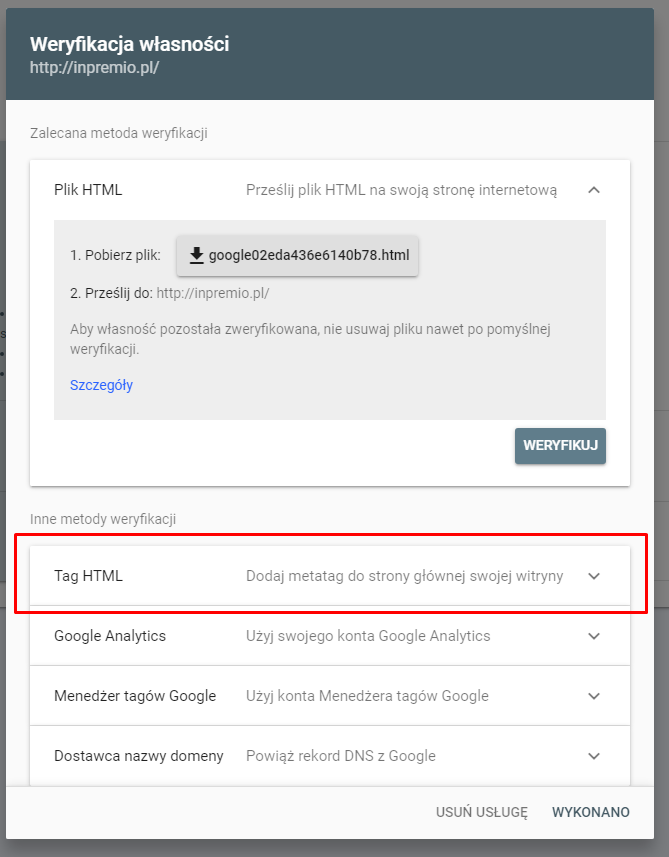 Google Search Console - Wybór metody weryfikacji