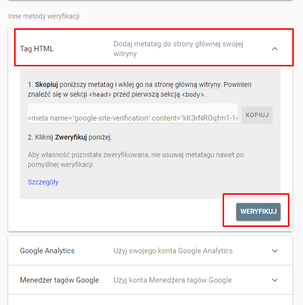 Google Search Console - TAG HTML