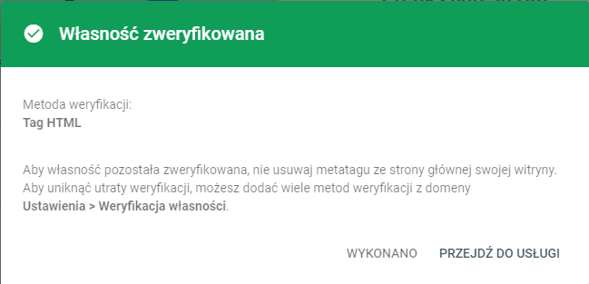 Google Search Console - weryfikacja pomyślna