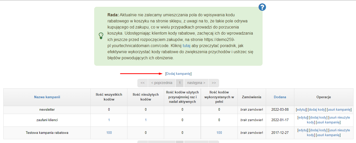 Tworzenie kampanii kodów rabatowych