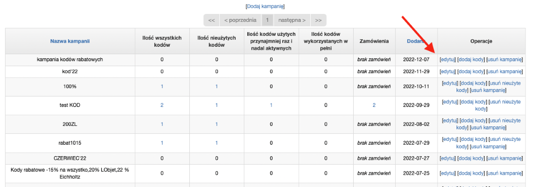 Edycja kampanii kodów rabatowych