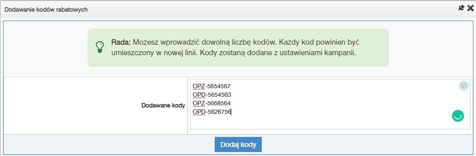 Dodanie wielu kodów rabatowych do kampanii rabatowej