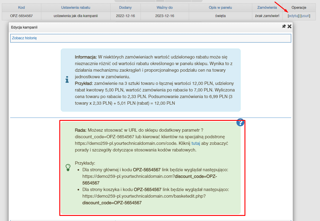 Edycja przykładowego kodu rabatowego