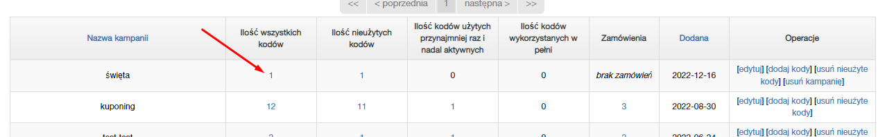 Edycja listy kodów rabatowych w konkretnej kampanii