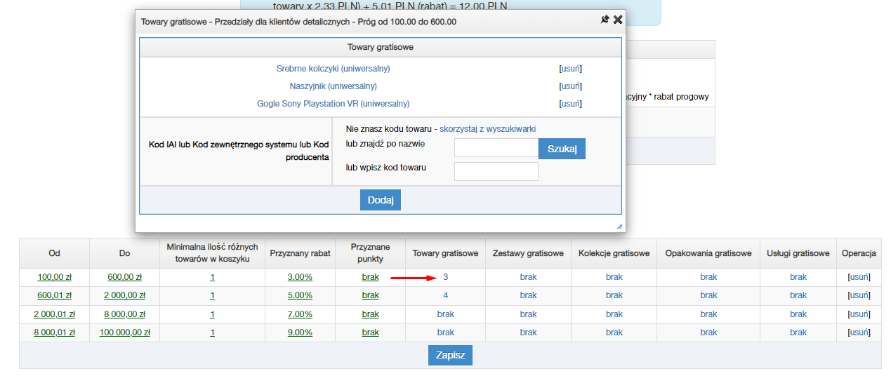 Dodawanie towarów gratisowych do progów rabatowych