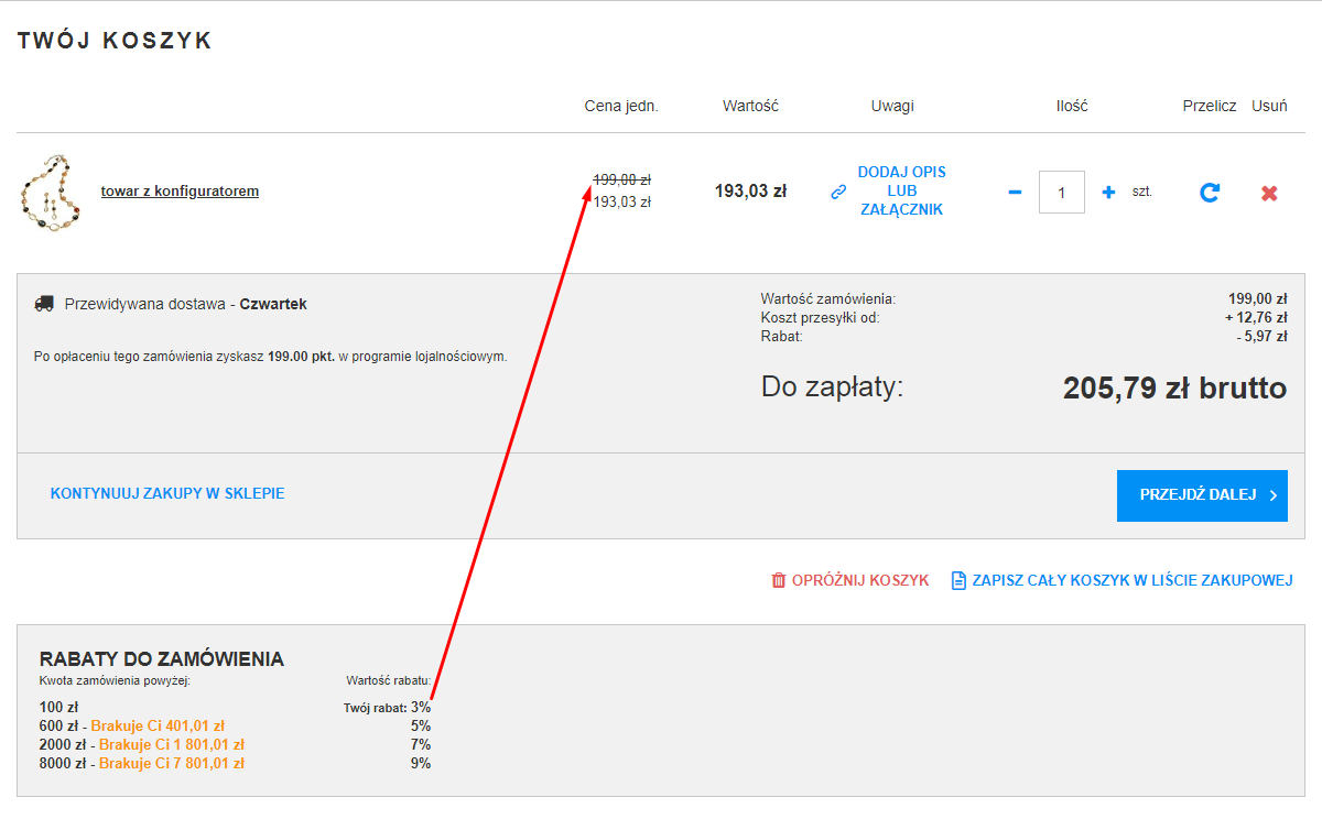 Rabat progowy naliczony w szablonie sklepu
