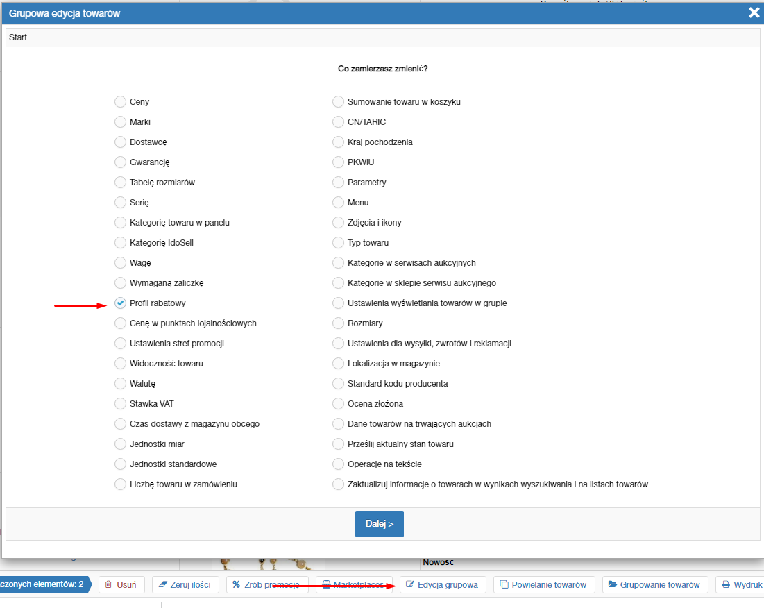 Grupowa Edycja Towarów - przypisanie profilu rabatowego