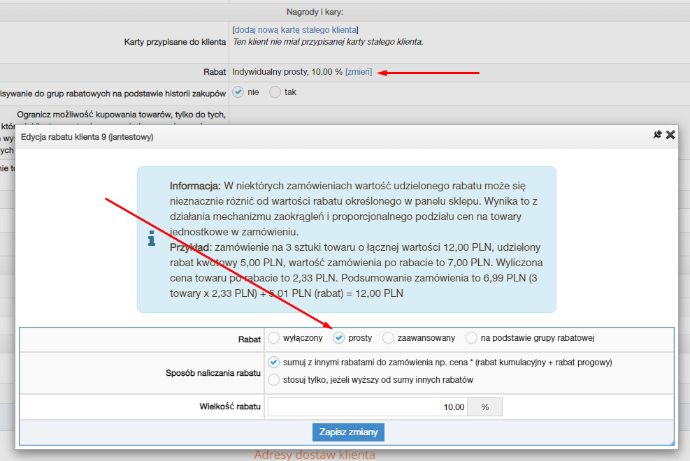 Przypisanie rabatu prostego na karcie edycji klienta
