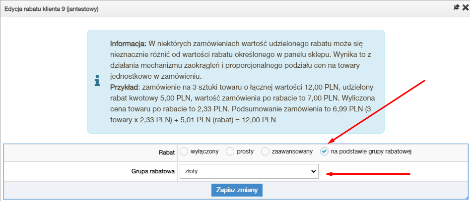 Przypisanie grupy rabatowej na karcie edycji klienta