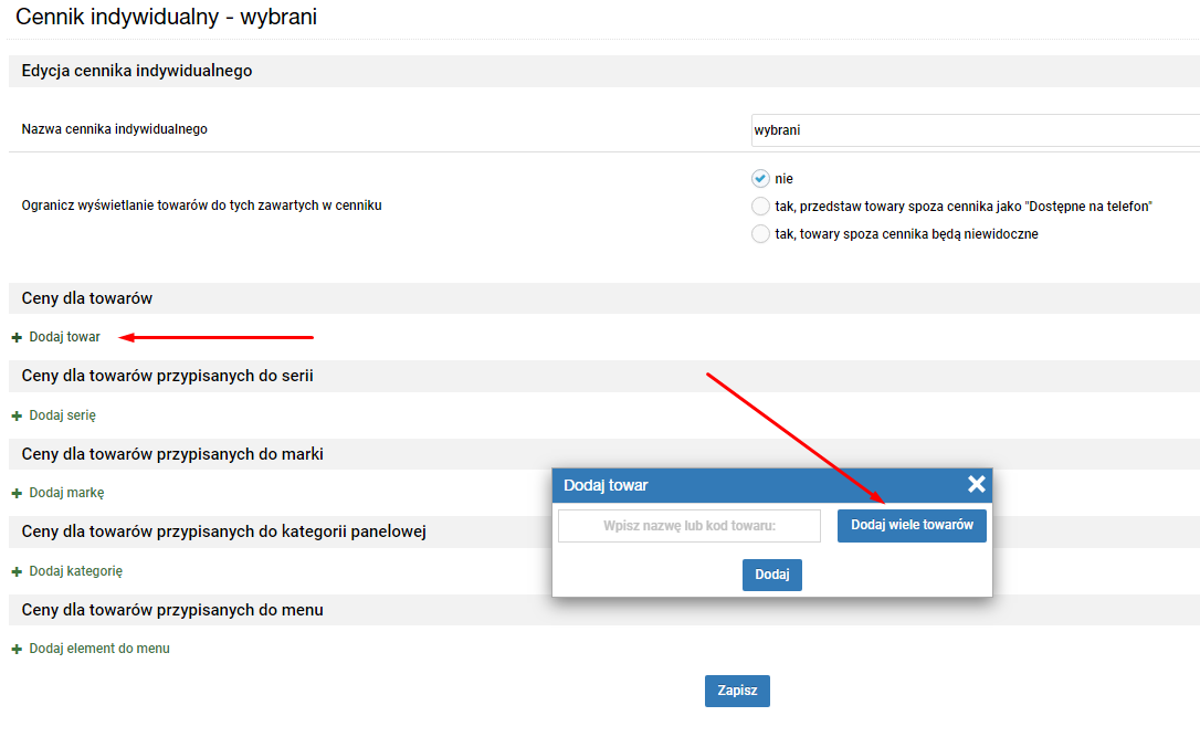 Konfiguracja przypisania towarów do cenników indywidualnych