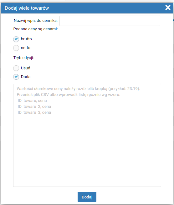 Konfiguracja przypisania towarów do cenników indywidualnych za pomocą pliku CSV