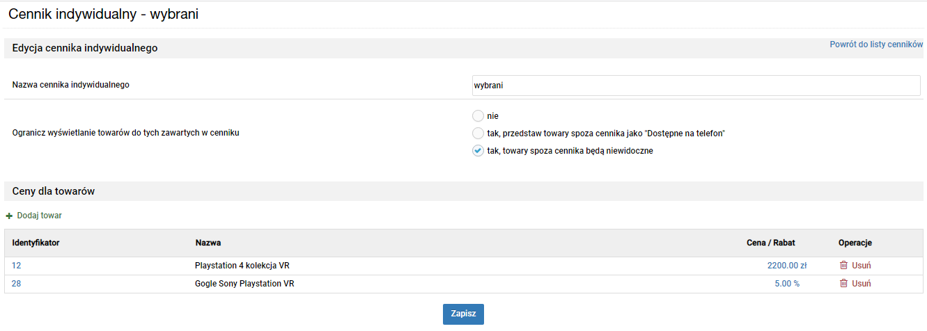 Konfiguracja ograniczenia wyświetlania towarów do tych zawartych w cenniku indywidualnym
