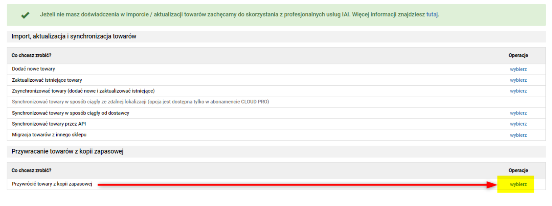 Przywracanie kopii towarów z kopii zapasowej.