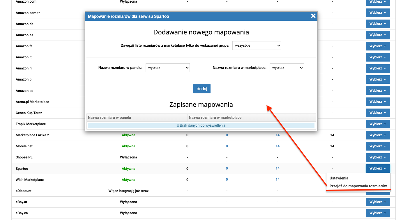 Mapowanie rozmiarów Spartoo.