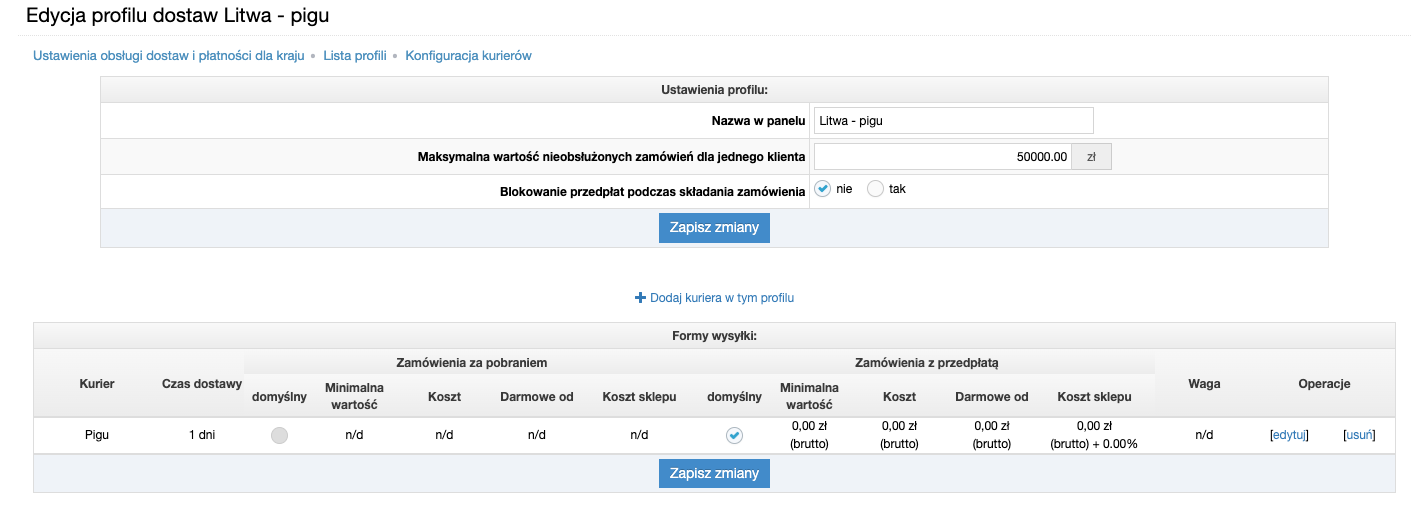 Konfiguracja profilu dostaw dla Pigu