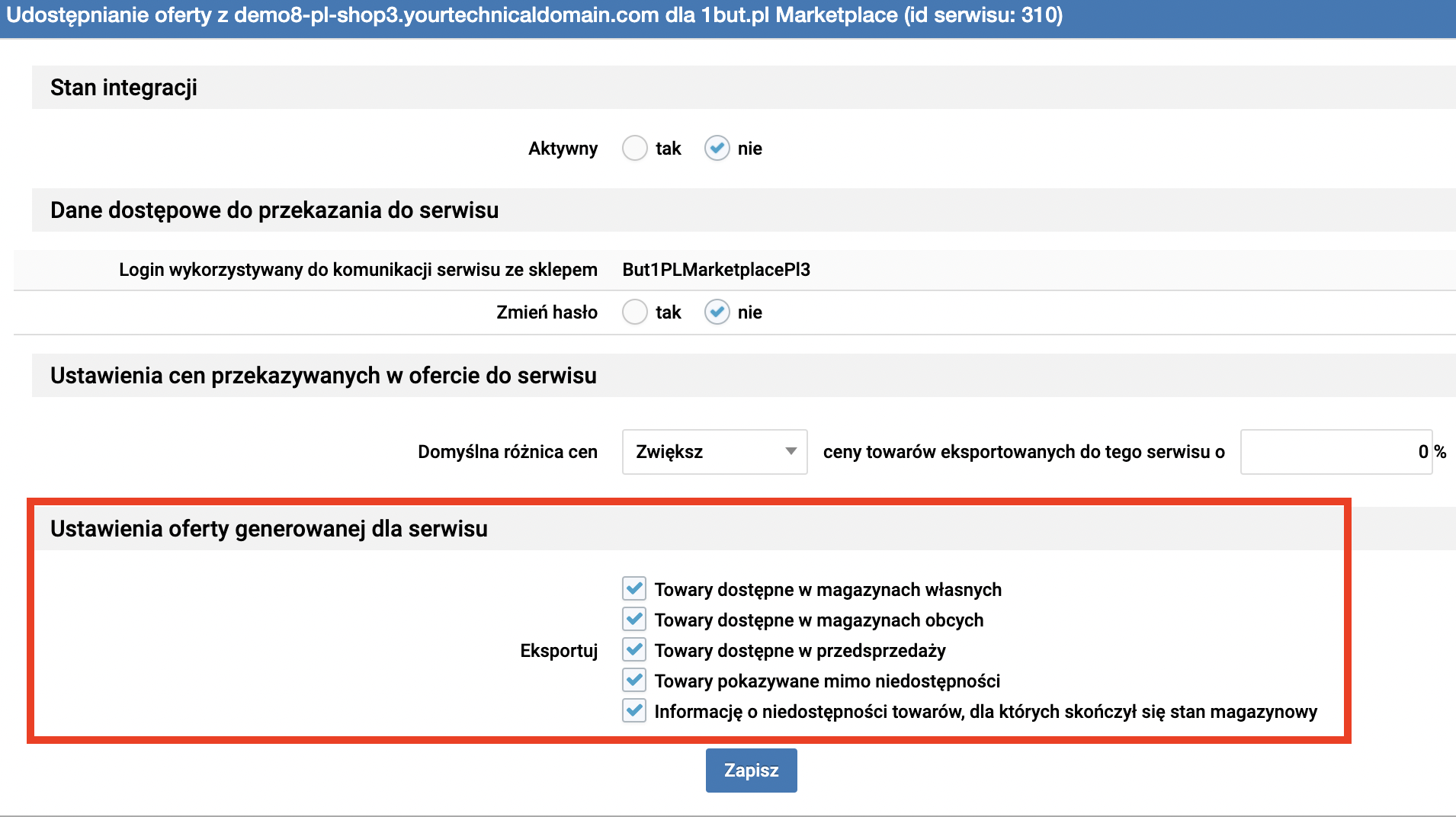 Ustawienia eksportu oferty do TakeMore.net (dawniej 1but.pl)