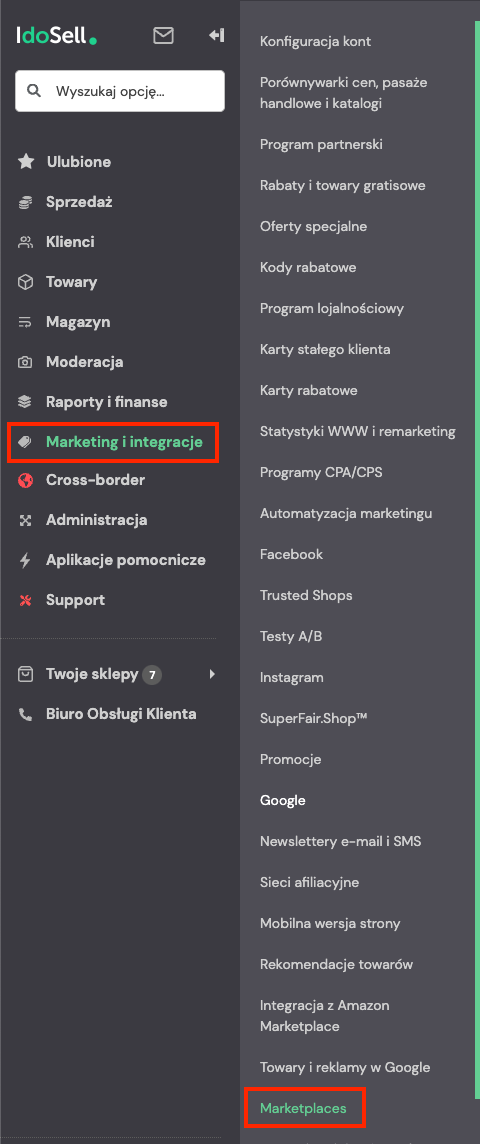 Przejście do ustawień marketplaces