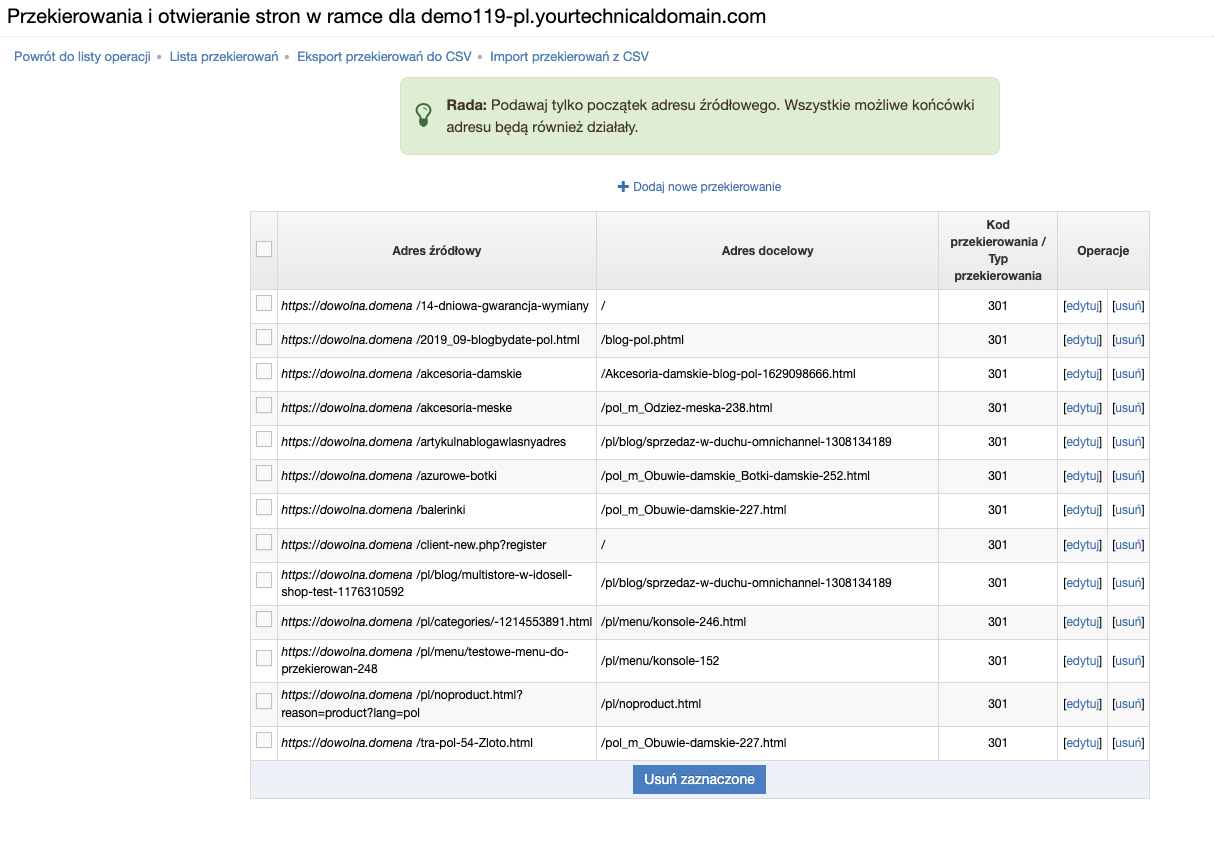 Lista przekierowań dodanych w panelu ręcznie