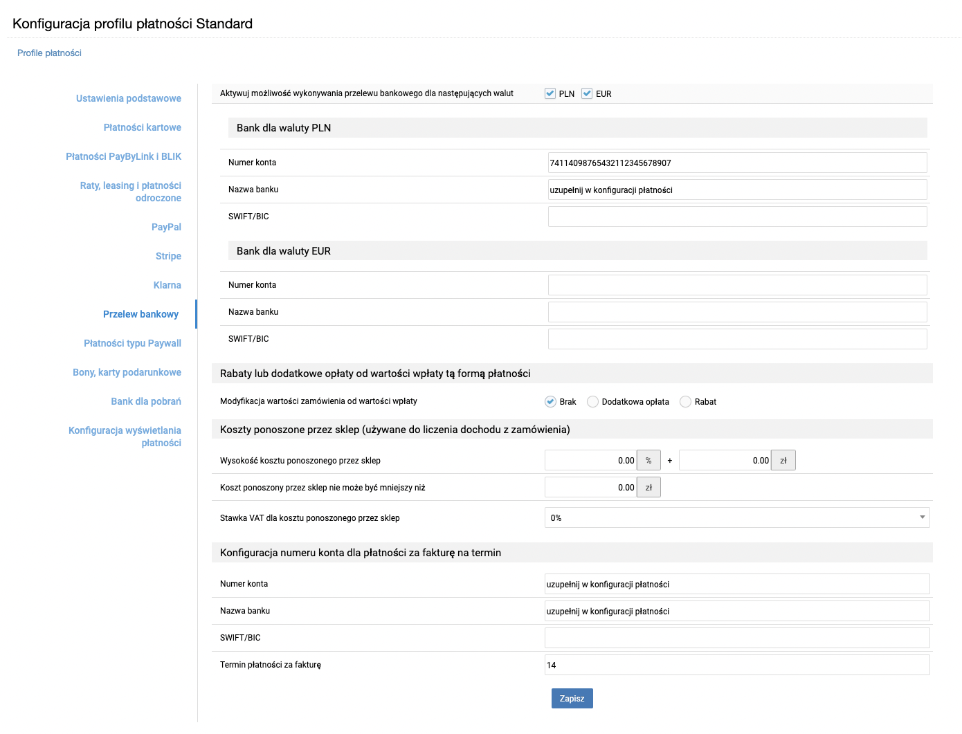 Konfiguracja profilu płatności