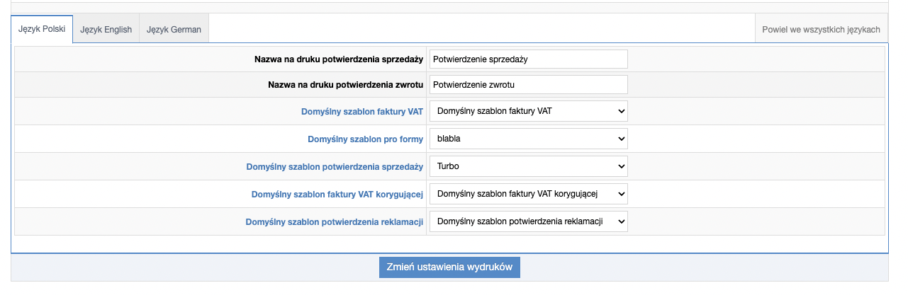 Ustawienia wydruków dokumentów sprzedaży  - podpięcie szablonu faktury