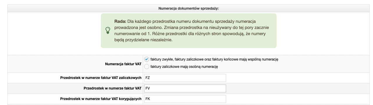 Ustawienia wydruków dokumentów sprzedaży  - ustawienia numeracji faktur