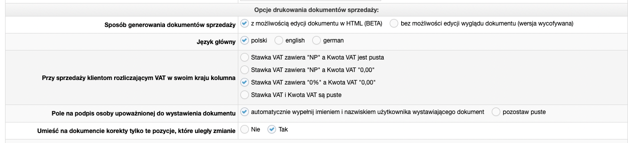 Ustawienia wydruków dokumentów sprzedaży  - ustawienia opcji drukowania dokumentów