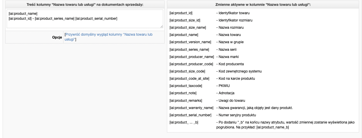 Ustawienia wydruków dokumentów sprzedaży  - dostosowanie kolumny z nazwą towaru