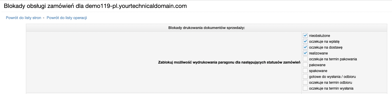 Blokada możliwości wystawienia paragonu dla konkretnych statusów zamówień