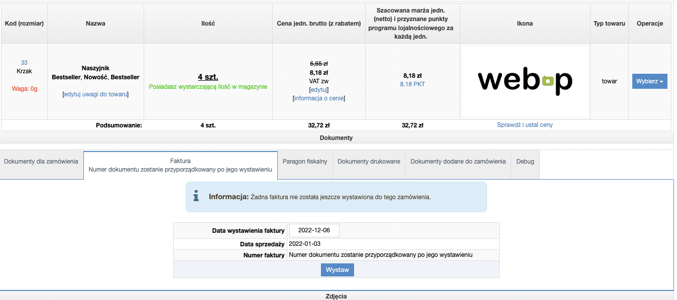 Wystawianie faktury VAT z poziomu karty zamówienia