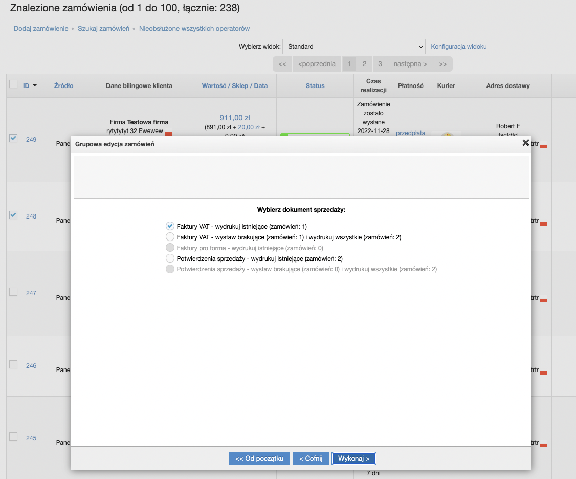Grupowa edycja zamówień - wystawienie dokumentów